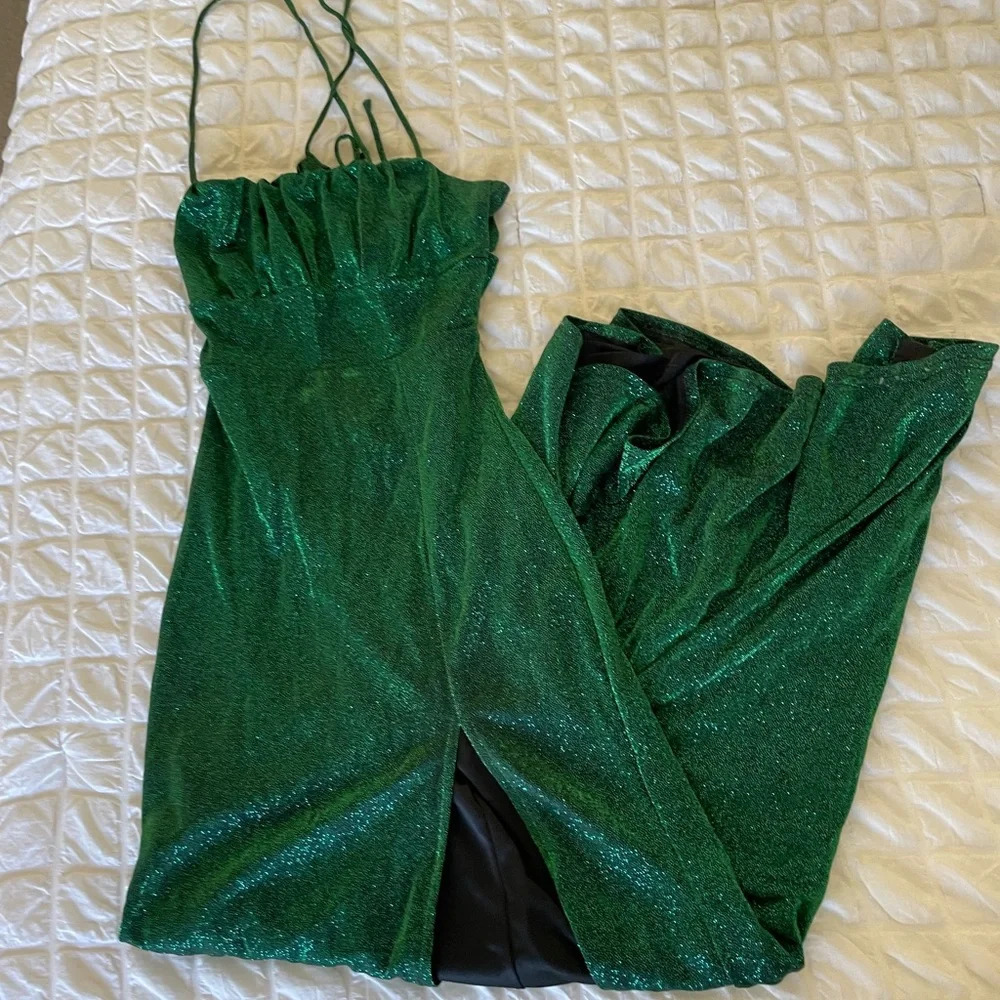 Lulus Green Metallic Open Slit Maxi Dress